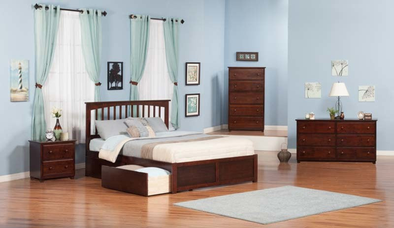 Mission Flat Panel Footboard With 2 Urban Bed Drawers, Antique Walnut, Queen