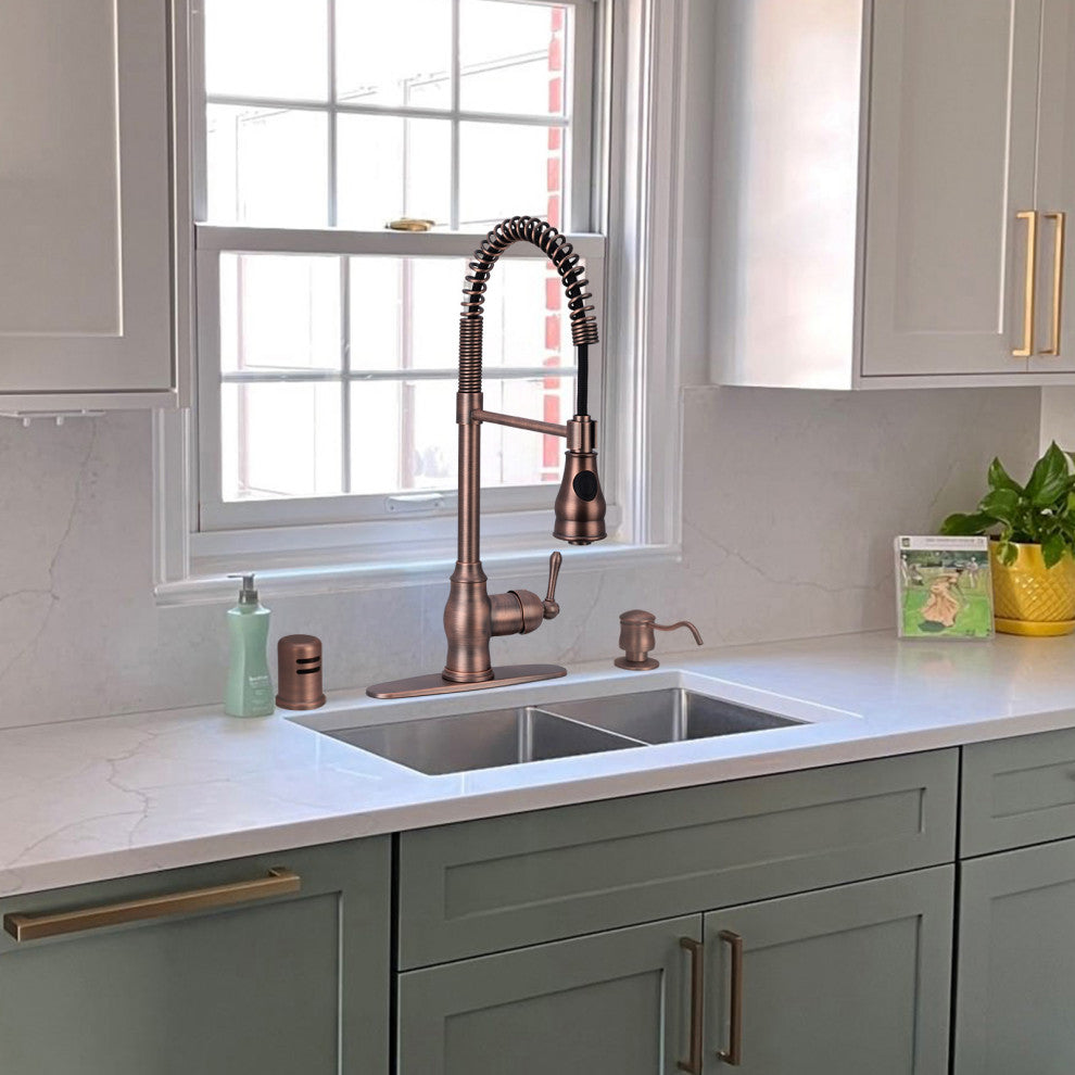 Copper Pre-Rinse Spring Kitchen Faucet with Pull Down Sprayer, American Bronze