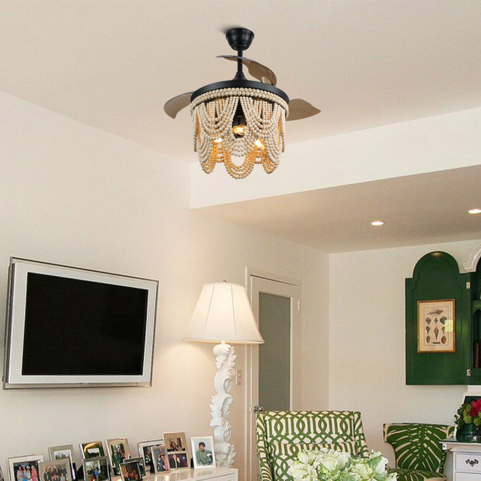 42" BoHo Ceiling Fanlight with Retractable Blades and Wooden Beads Accents, Black