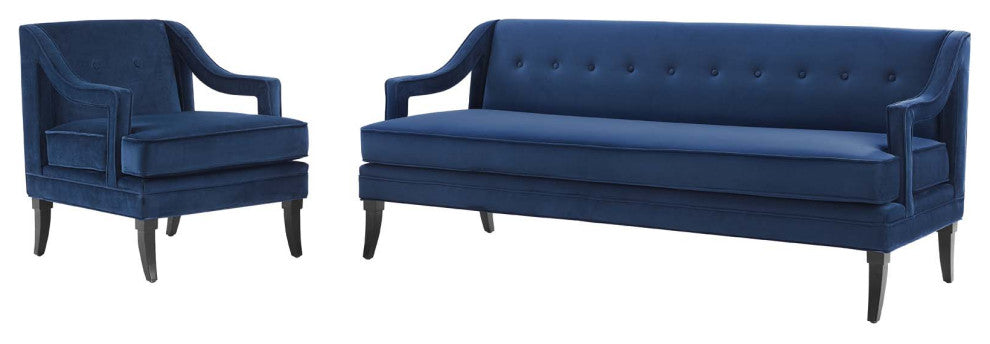 Armchair and Sofa Set, Set of 2, Velvet, Blue Navy, Modern, Lounge Hospitality