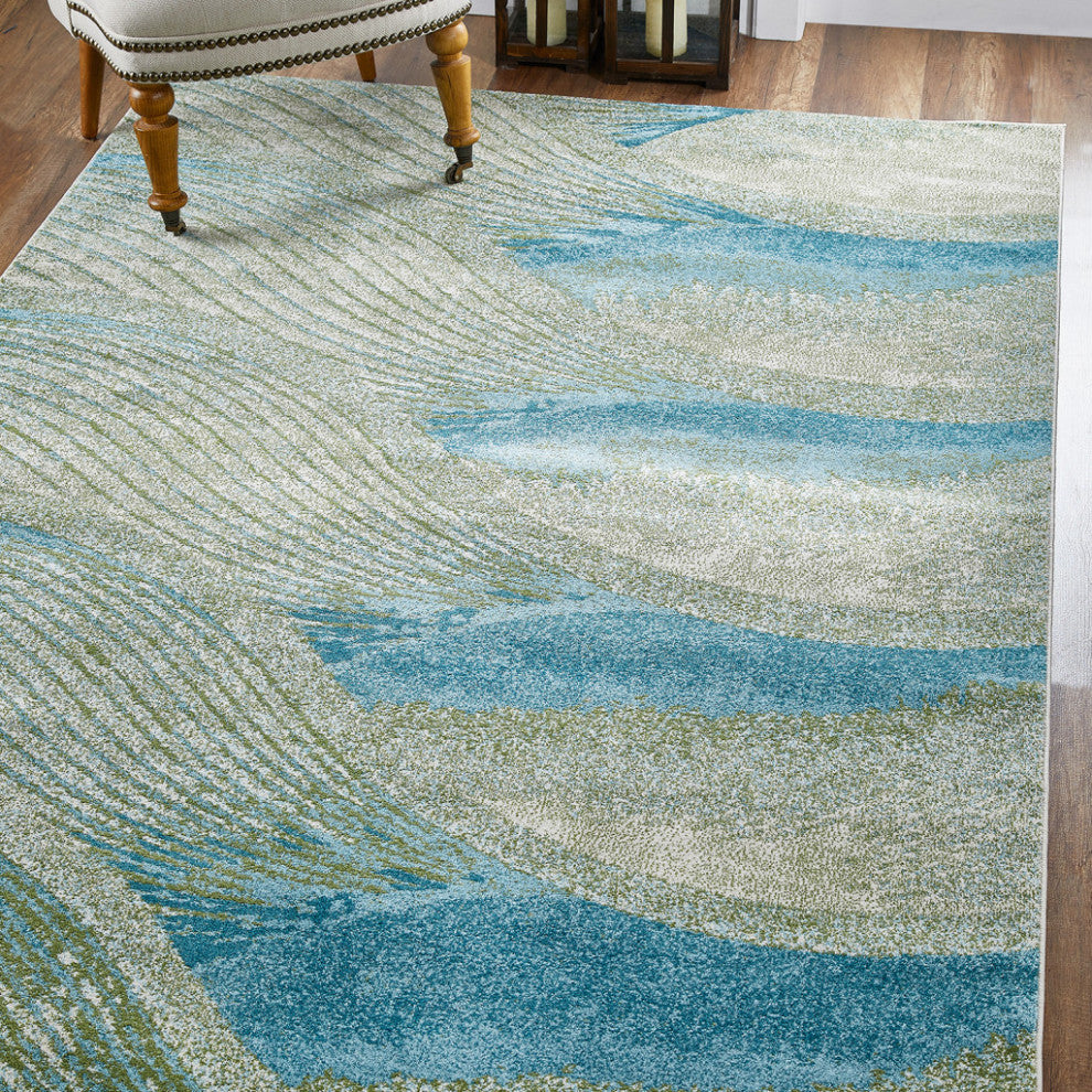 5"x8" Blue Beige Abstract Waves Modern Area Rug
