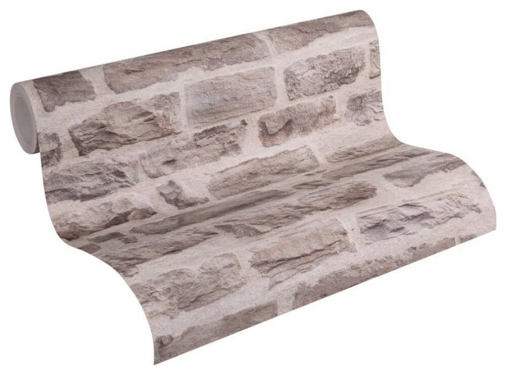 Faux Textured Wallpaper Brick Wall, 355801, Beige Brown Purple, Sample