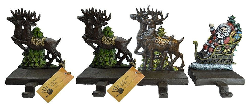 Cast Iron Santa Clause, 3 Reindeer Stocking Holders, 4-Piece Set