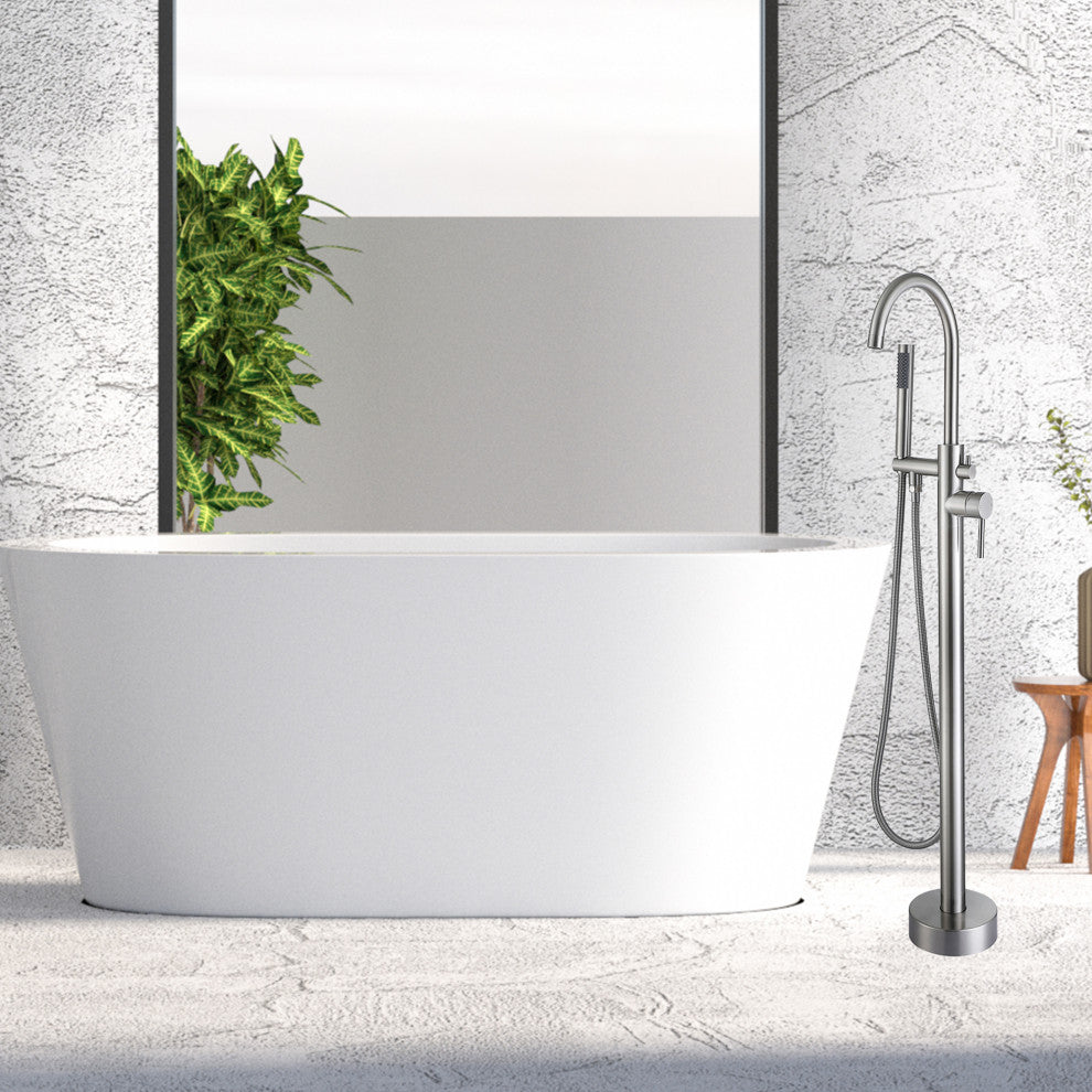 Floor Mounted Stainless Steel Handle Bathtub Faucet, Handheld, Brush Nickel