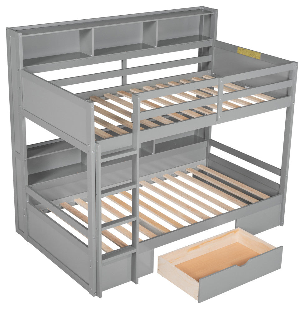 Gewnee Twin Size Bunk Bed with Shelves Beside both Upper and Down Bed in Gray
