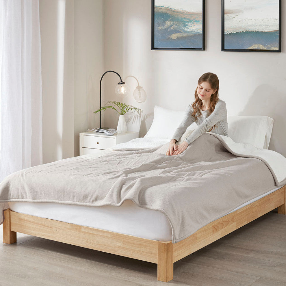 Serta Fleece to Sherpa Heated Fleece and Sherpa Bedding Blanket, Tan
