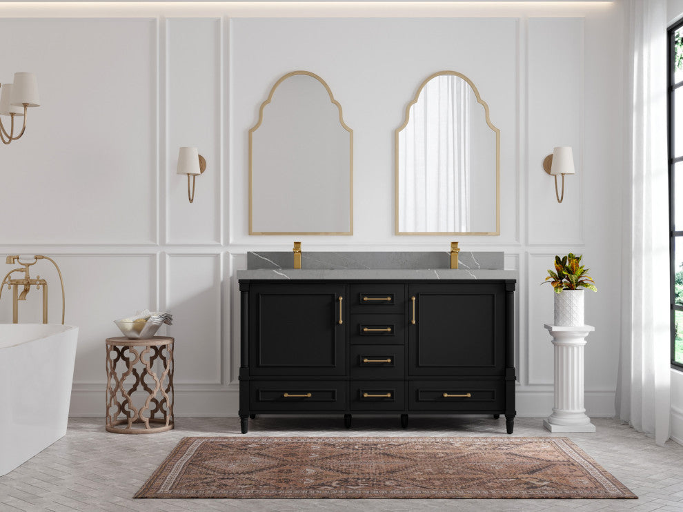 Aberdeen 60 Double Bathroom Vanity in Black 2" Piatra Gray