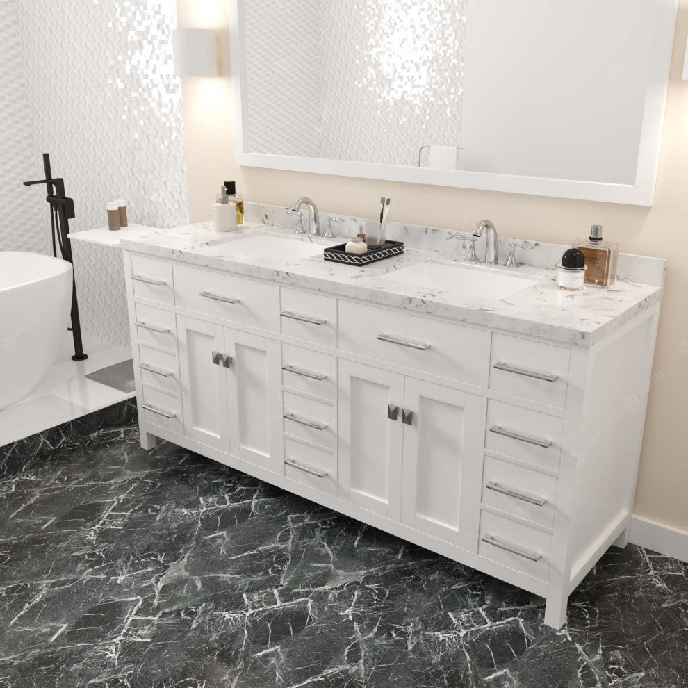 Caroline Parkway 72" Bath Vanity in White with Cultured Marble Quartz Top