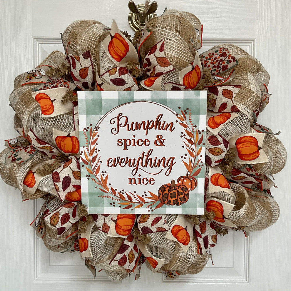 Pumpkin Spice And Everything Nice Burlap Deco Mesh Autumn Wreath