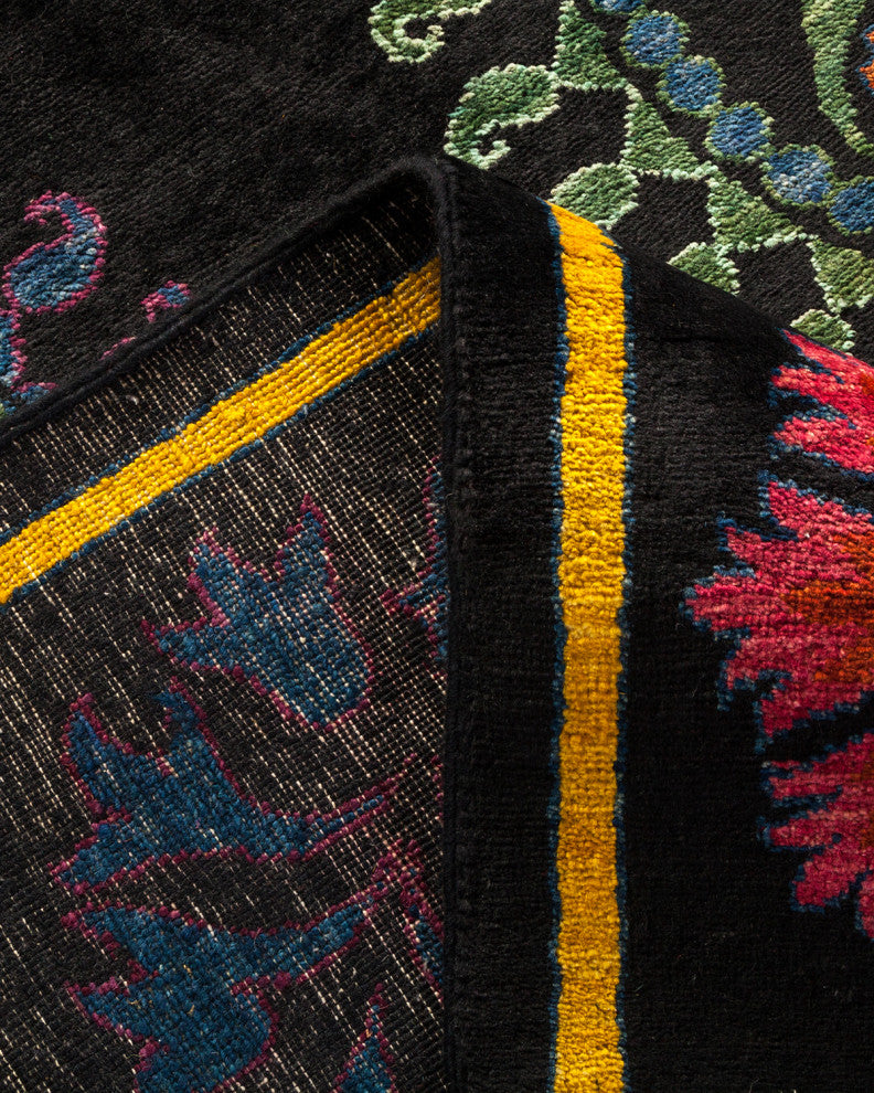 Suzani, One-of-a-Kind Hand-Knotted Area Rug Black, 9'1"x11'4"