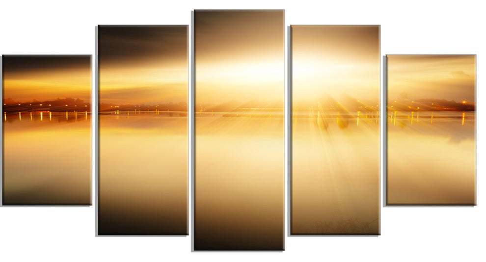 "Sunset With Views On The Lake" Wall Art Landscape, 5 Panels, 60"x32"