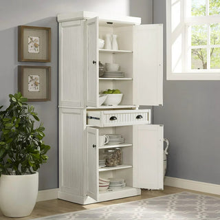 Tall Pantry Cabinet, Breadboard Paneled Doors & Storage Drawer, Distressed White
