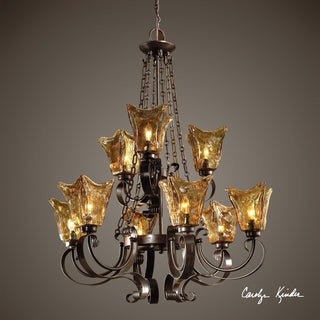 9-Light European Glass and Iron Chandelier