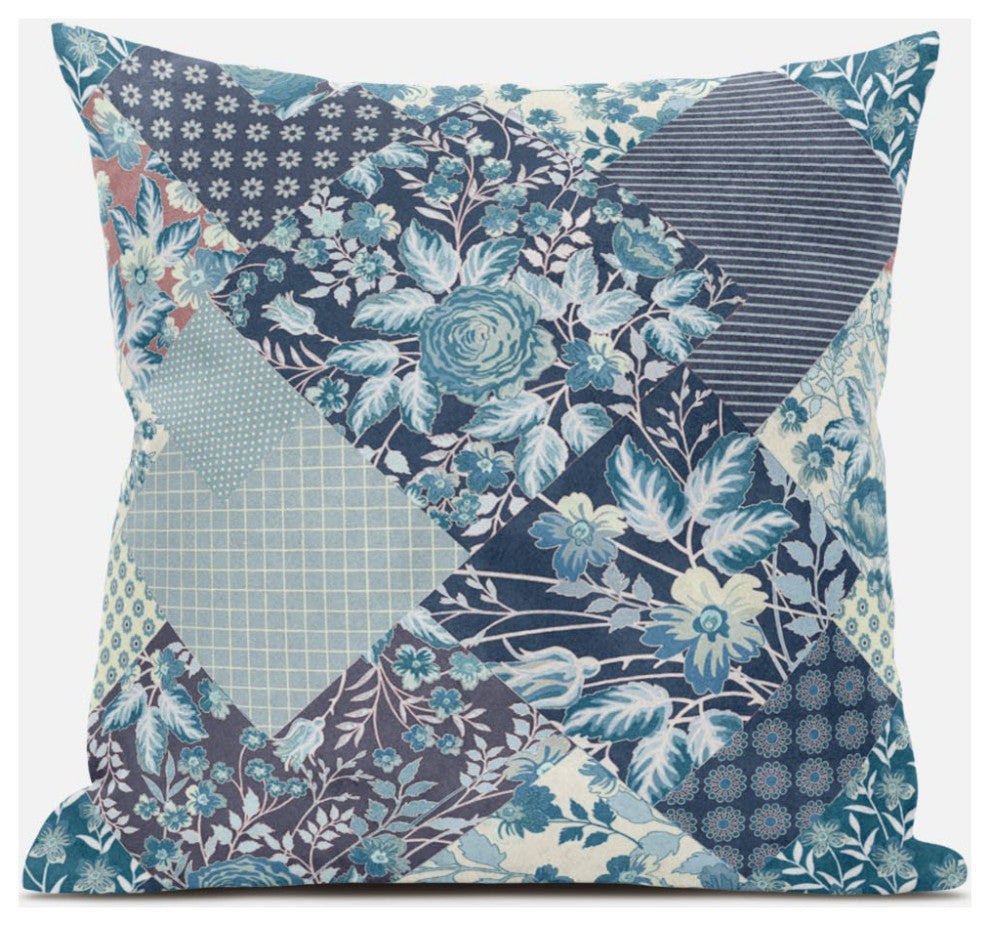 20" Blue White Floral Zippered Suede Throw Pillow