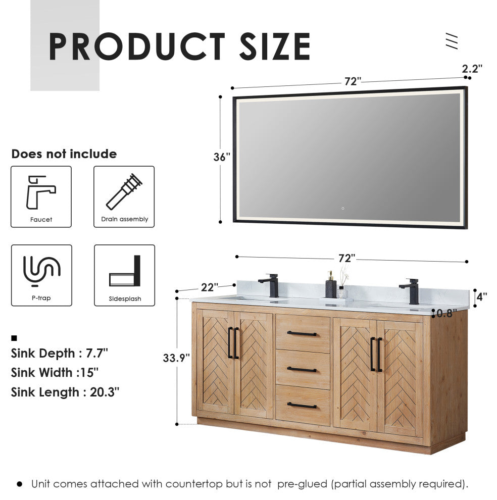 Anais Vanity Grain White Engineered Stone Countertop, Light Brown, 72", With Mirror