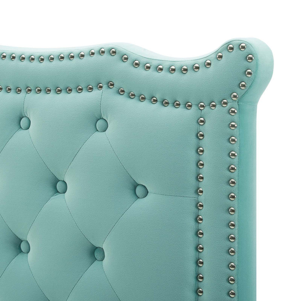 Tufted Headboard, Nailhead, King California Size, Blue, Velvet, Modern