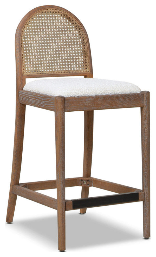 Panama Curved Back Cane Rattan Stool, Set of 2, Ivory White Boucle, 26.5" Counter Height