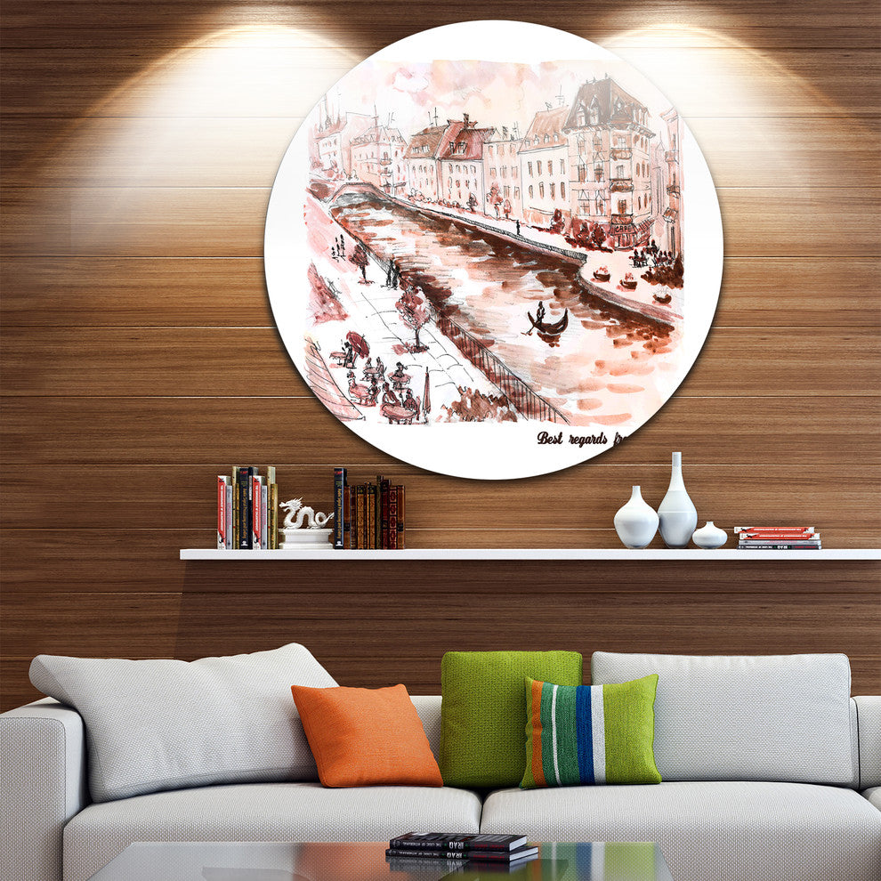 Sepia Hand-Drawn Sketch Of Paris, Cityscape Disc Metal Artwork, 36"