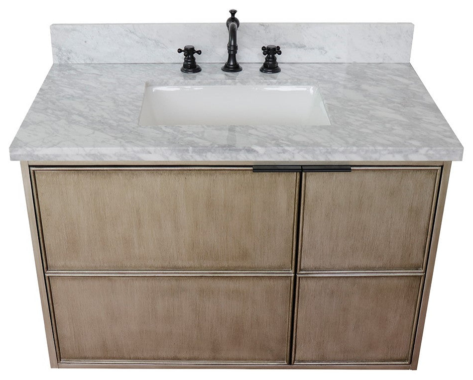 37" Single Wall Mount Vanity, Linen Brown Finish With White Carrara Top