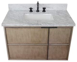 37" Single Wall Mount Vanity, Linen Brown Finish With White Carrara Top