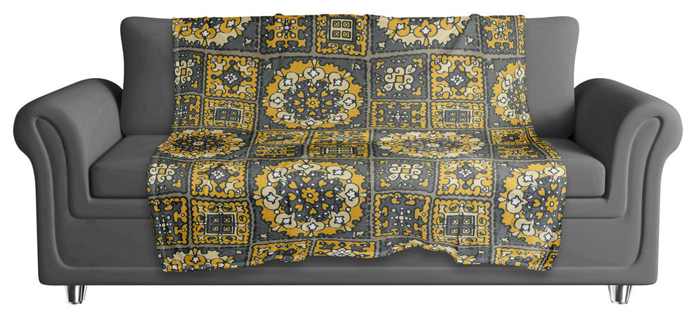 Patchwork Mandala in Yellow and Gray Fleece Blanket
