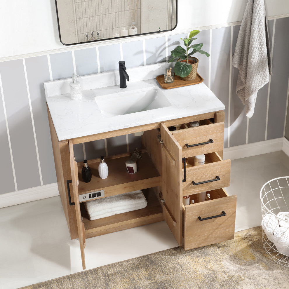 San Bath Vanity with Stone Top, Fir Wood Brown, 42", Single Vanity, With Mirror