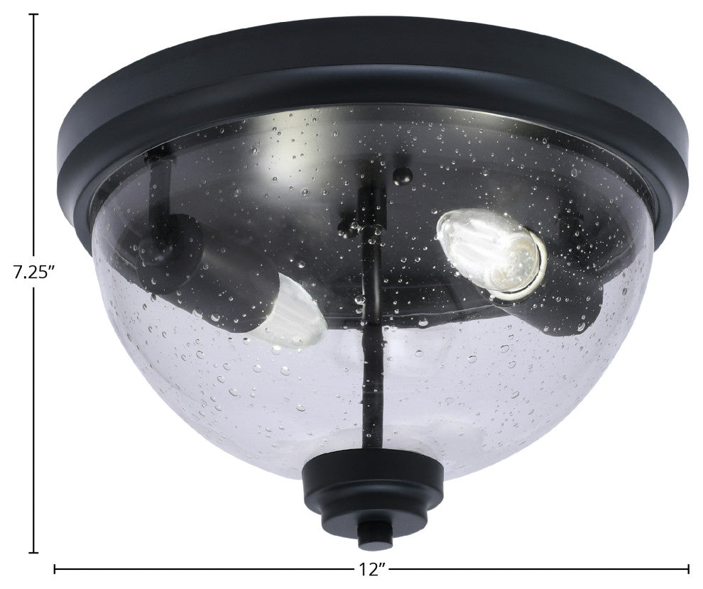 12" 2-Light Flush Mount Light, Matte Black, Clear Bubble Glass