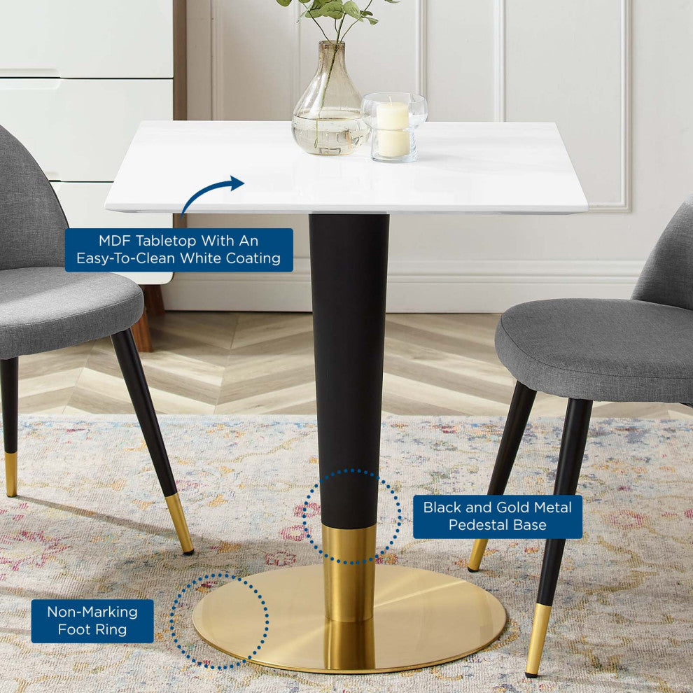 Dining Table, Square, Wood, Metal, Gold White, Modern, Cafe Bistro Restaurant