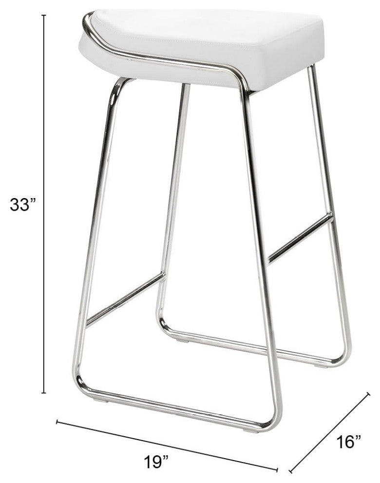 Bar Stool Chair Barstool, Set of 2, Faux Vinyl Leather, Steel, White, Chrome