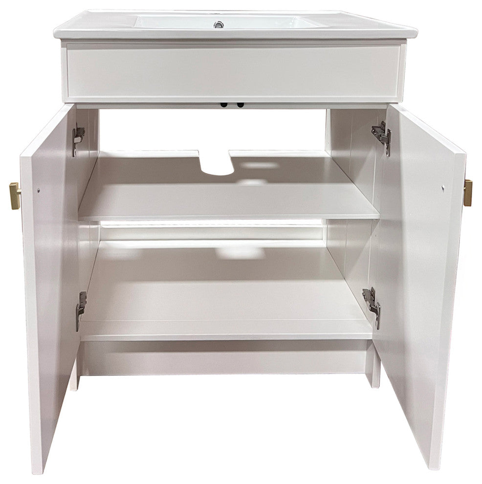 SmartFold 31" Single Sink Vanity, White With White Ceramic Top, Brushed Gold