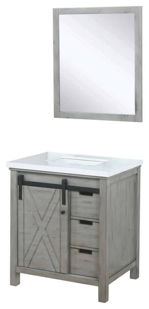 Marsyas 30" Ash Gray Single Vanity Cabinet Quartz Top Sink, 28" Wall Mirror