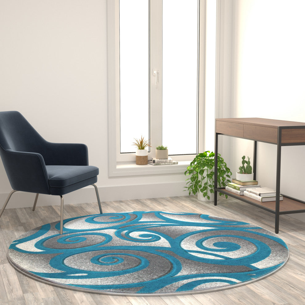 Angie Collection Modern High-Low Pile Swirled Round 6' x 6' Turquoise Area Rug