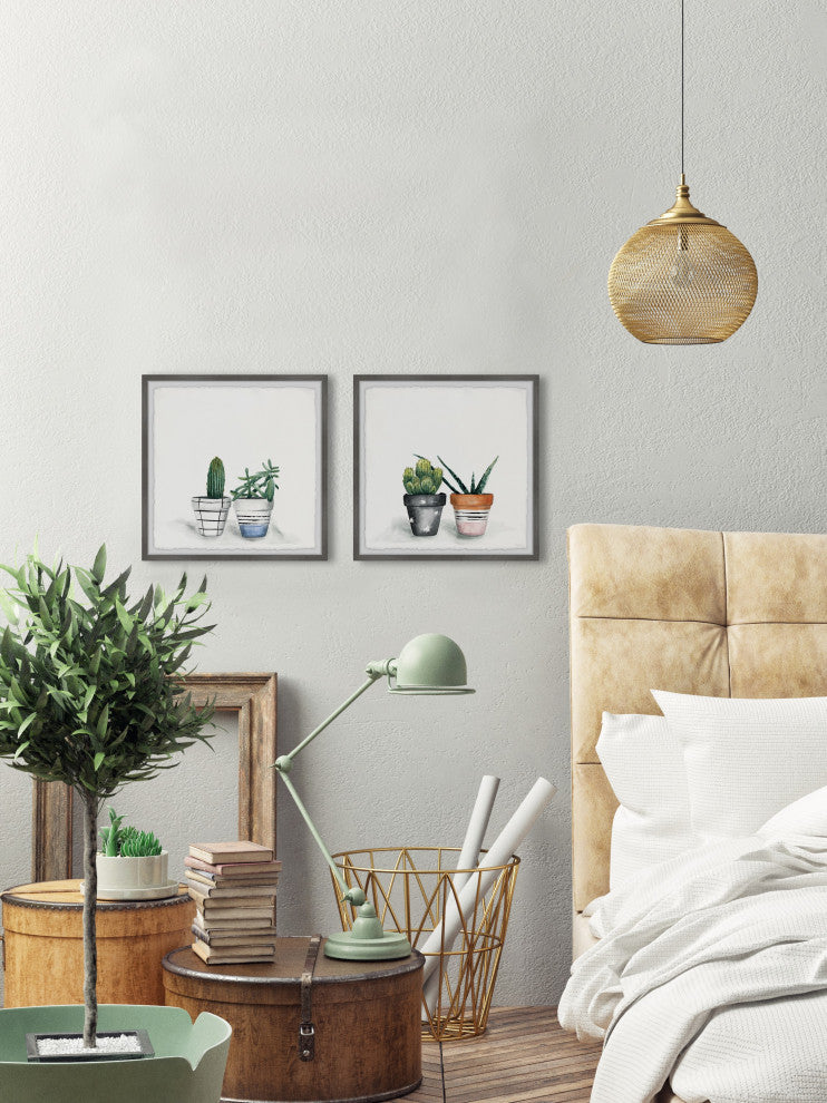 Decorated Cactus Pots Diptych, Set of 2, 32x32 Panels