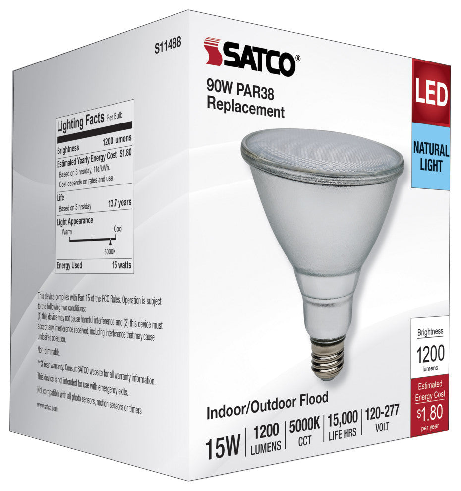 15W PAR38 LED, 5000K, Medium Base, 120-277V, 90 CRI
