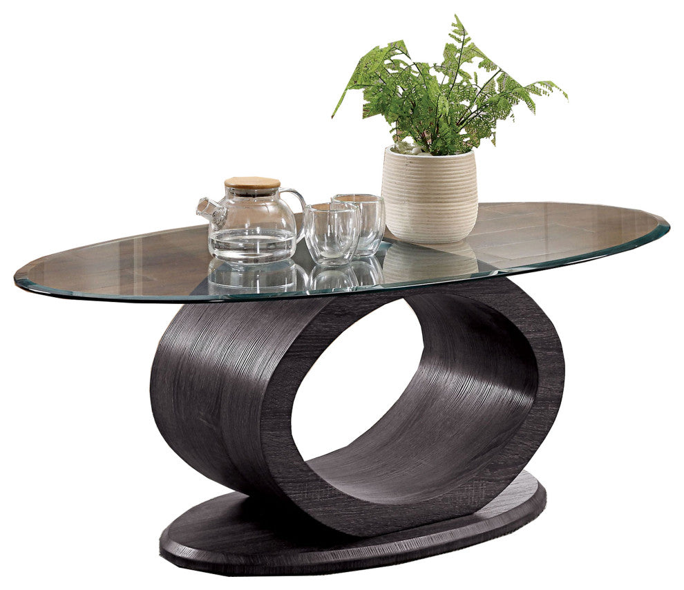 Benzara BM207919 Glass Top Coffee Table with O Shape Wooden Shape Base, Gray