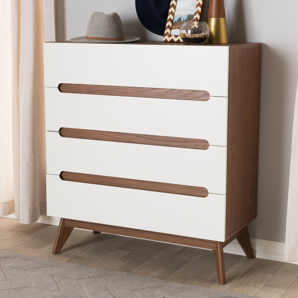 Calypso Mid-Century Modern White and Walnut Wood 4-Drawer Storage Chest