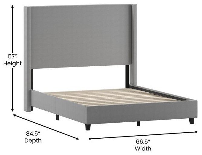 Quinn Upholstered Platform Bed with Channel Stitched Wingback Headboard, Gray, Queen