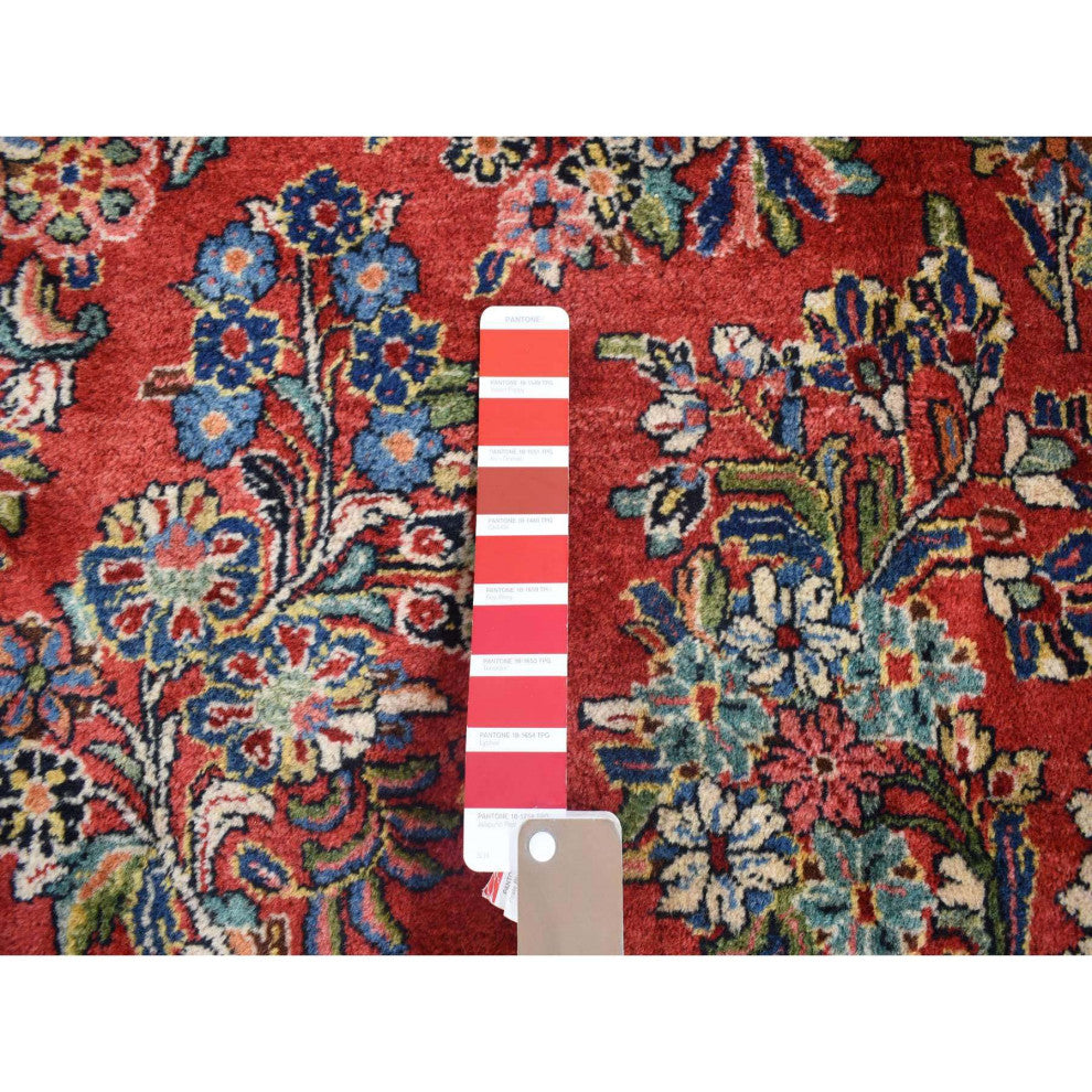 Tomato Red, Antique Persian Sarouk Hand Knotted 100% Wool Rug, 10'5" x 13'7"
