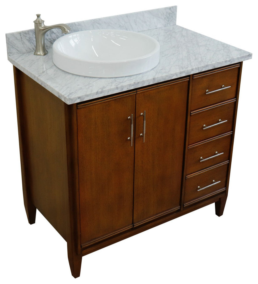37" Single Vanity, Walnut Finish With White Carrara