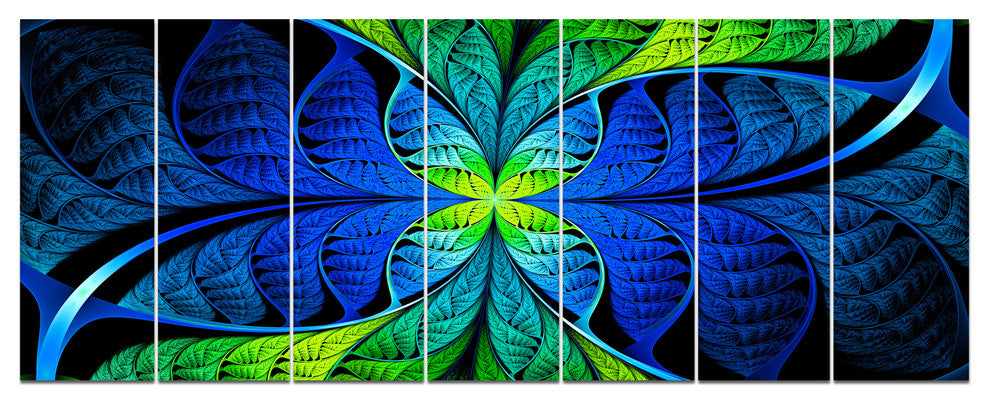 Blue Green Fractal Stained Glass, Abstract Canvas Art Print, 83"x32", 7 Panels