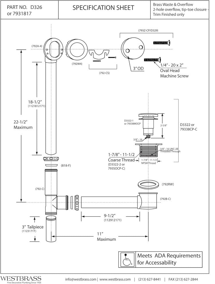 Tip Toe Bath Waste, 22" Make-Up, 17 Gallon Tubing, Polished Chrome