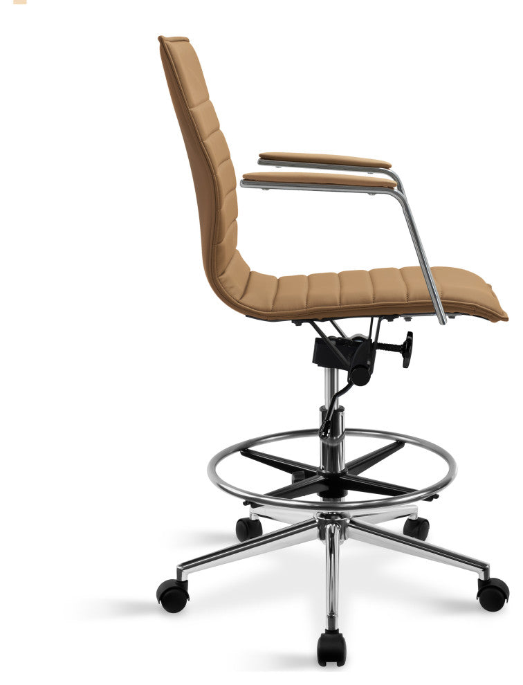 Drafting Chair Upholstered PU Leather Ribbed Mid Back Swivel Armchair, Tan