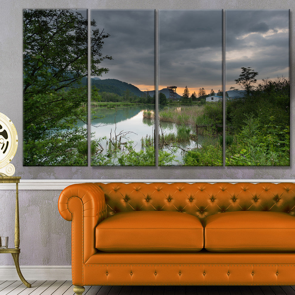 Stormy Weather Over Swamp, Landscape Canvas Art Print, 48"x28", 4 Panels
