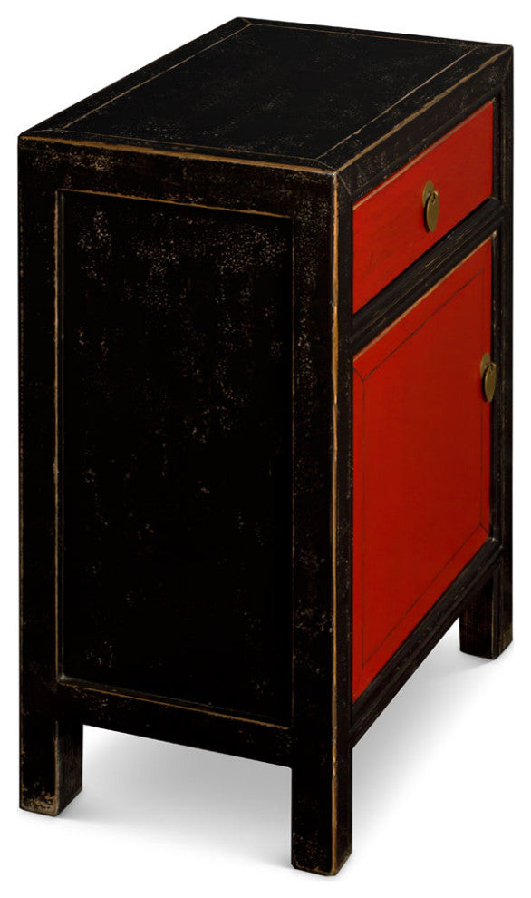 Distressed Black and Red Elmwood Petite Peking Asian Cabinet