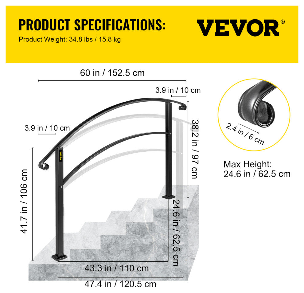 VEVOR Handrails for Outdoor Steps 1 to 3 Steps Stair Railing, Black, 5 Ft