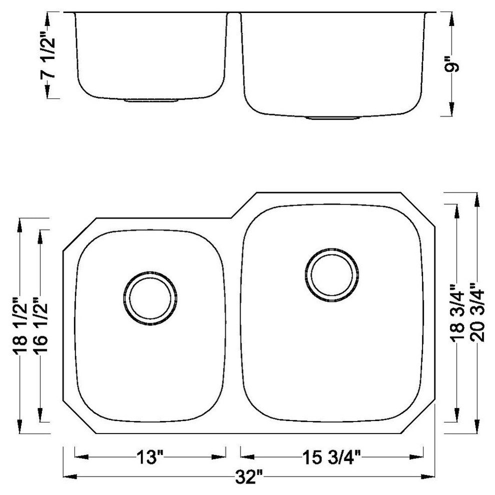 32" Stainless Steel Undermount Double Bowl Kitchen Sink, 16 Gauge, Right