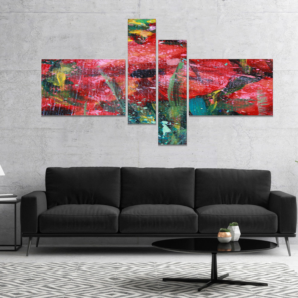 Red Poppies Acrylic Drawing, Extra Large Floral Wall Art, 60"x32", 4 panels