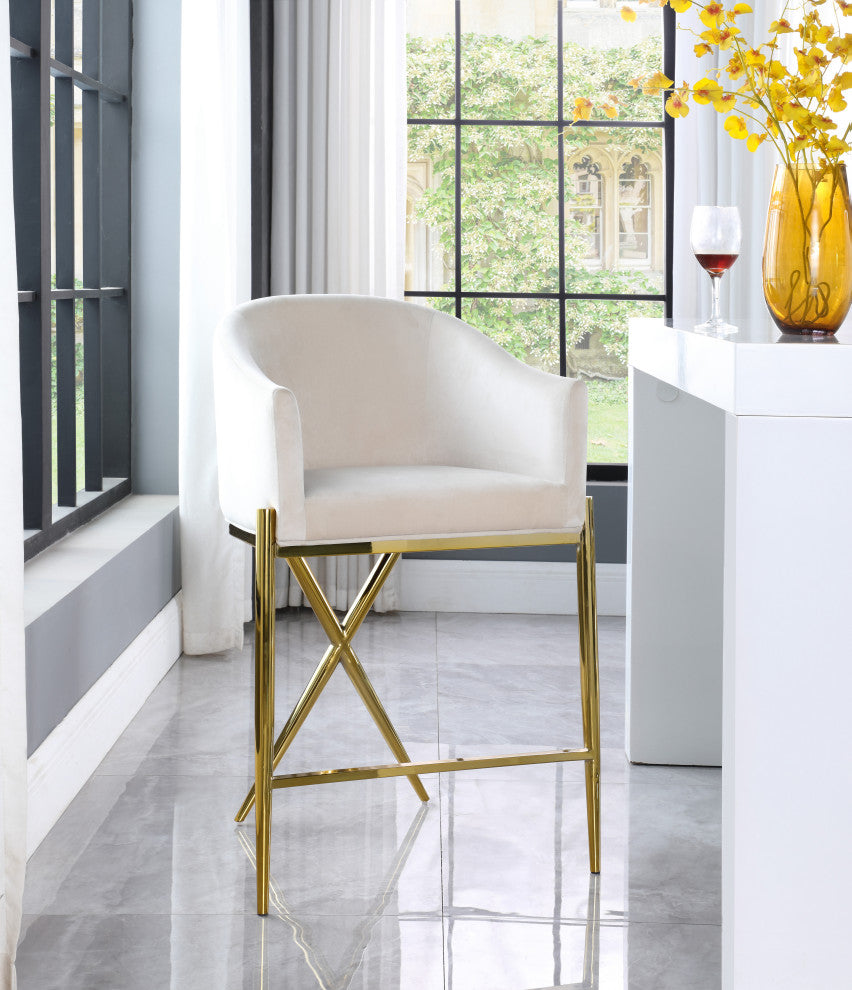Xavier Velvet Upholstered Counter Height Stool, Cream, Gold Finish