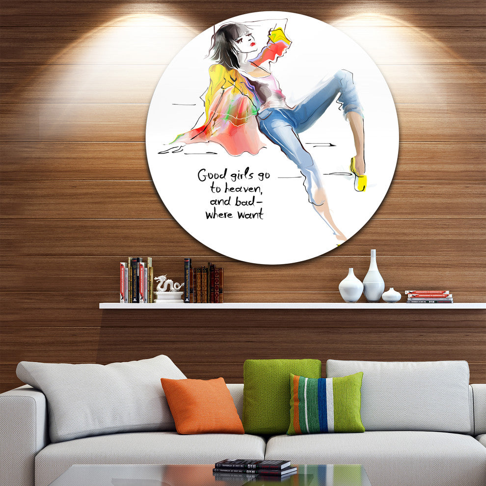 Yellow Blue Young Woman, Portrait Digital Art Disc Metal Wall Art, 23"