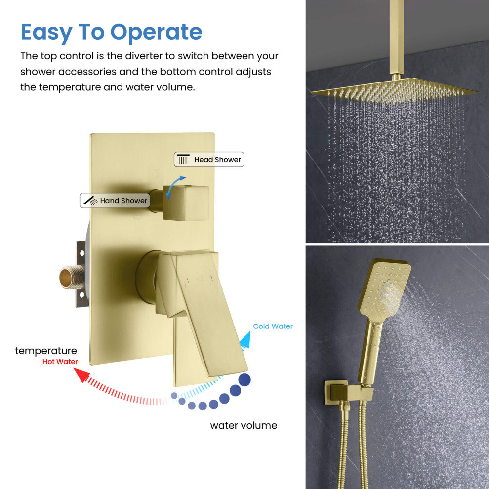 Ceiling Mounted 2-Function Shower System, Rough, Valve, Brushed Gold